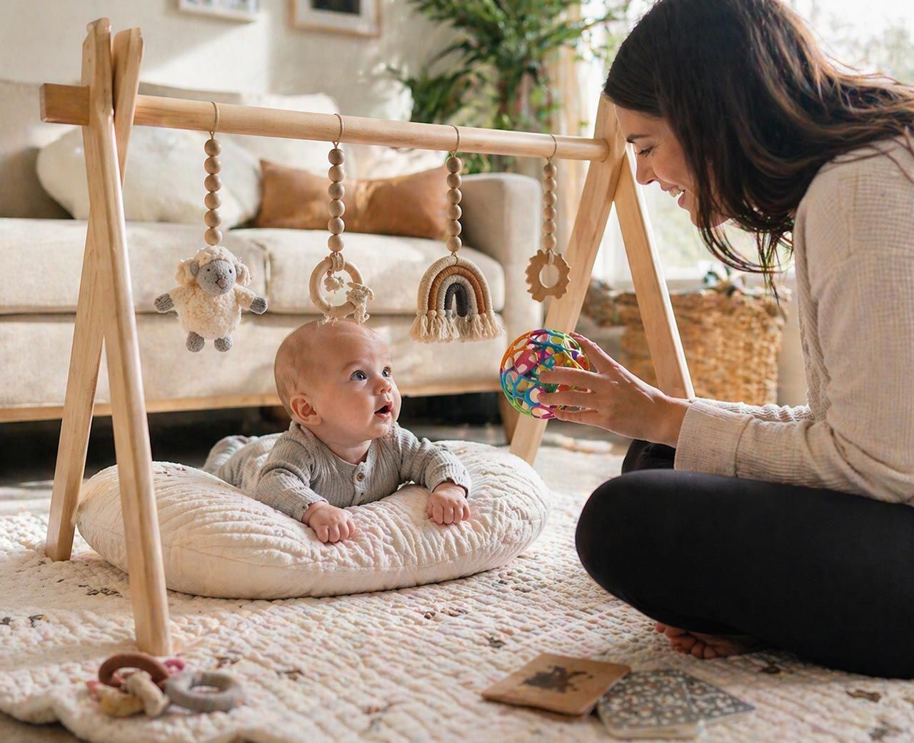 Alert baby playing on mat under hanging toys with parent nearby in bright living room