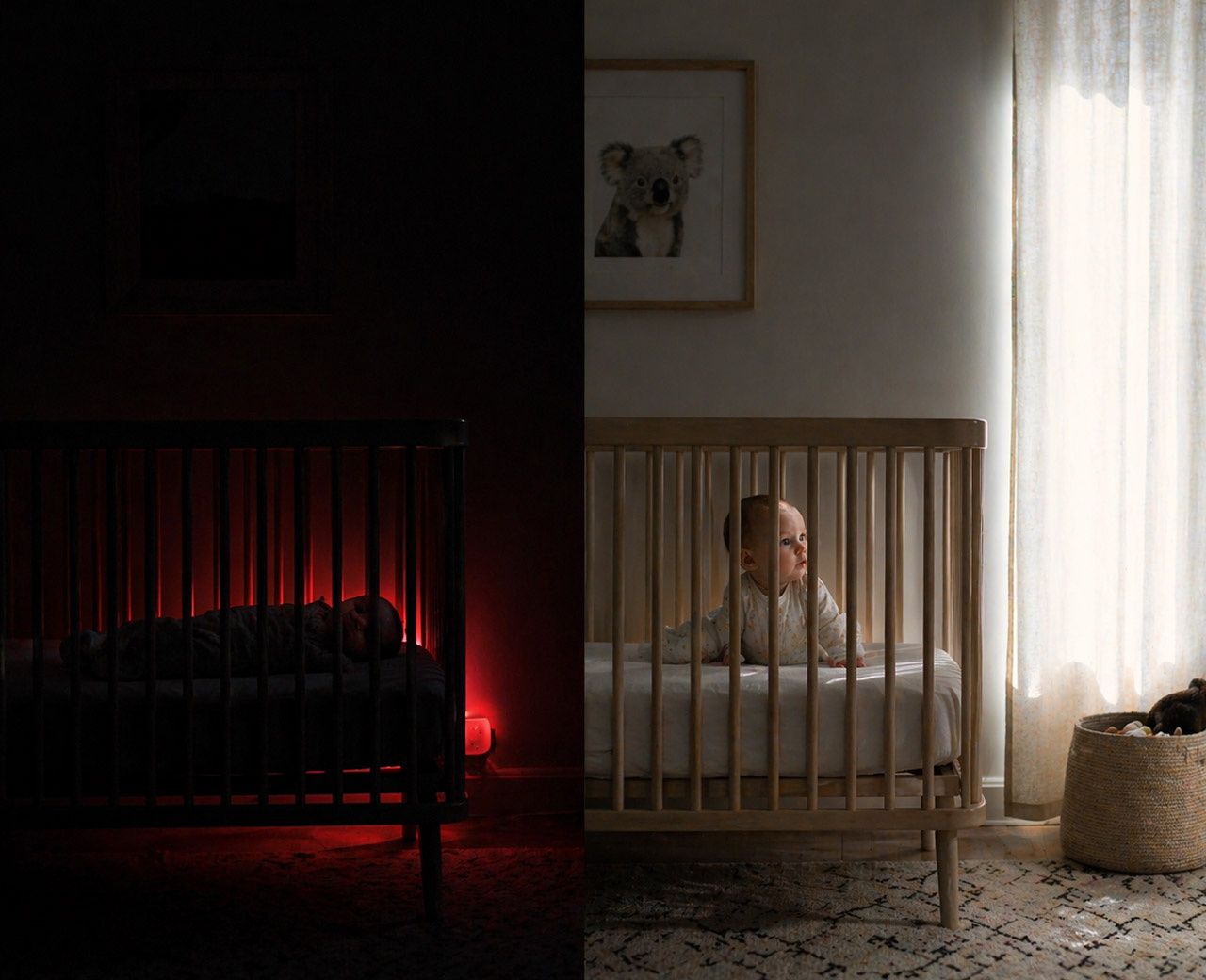 Split nursery showing baby sleeping in pitch-black room with red night light vs awake in daylight with curtains