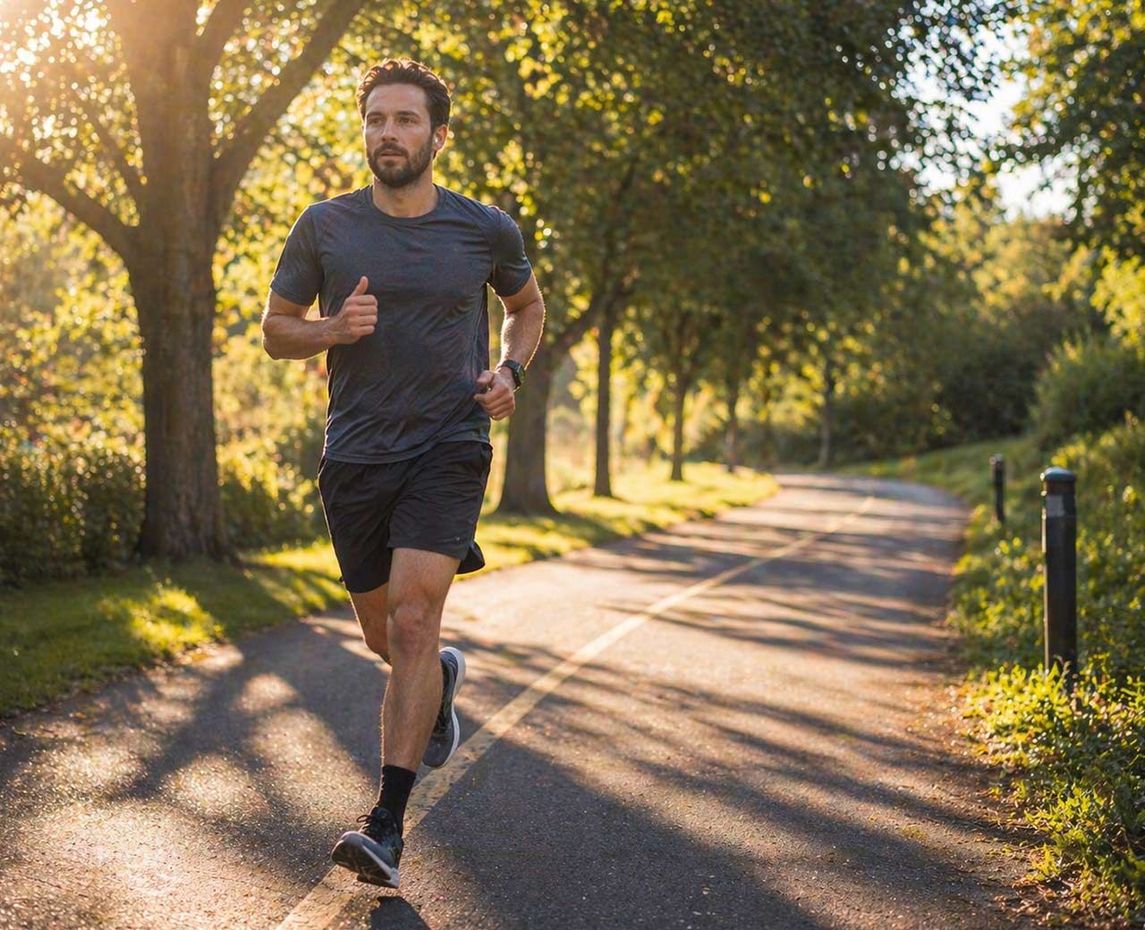Person running on tree-lined path in bright morning sunlight with long shadows