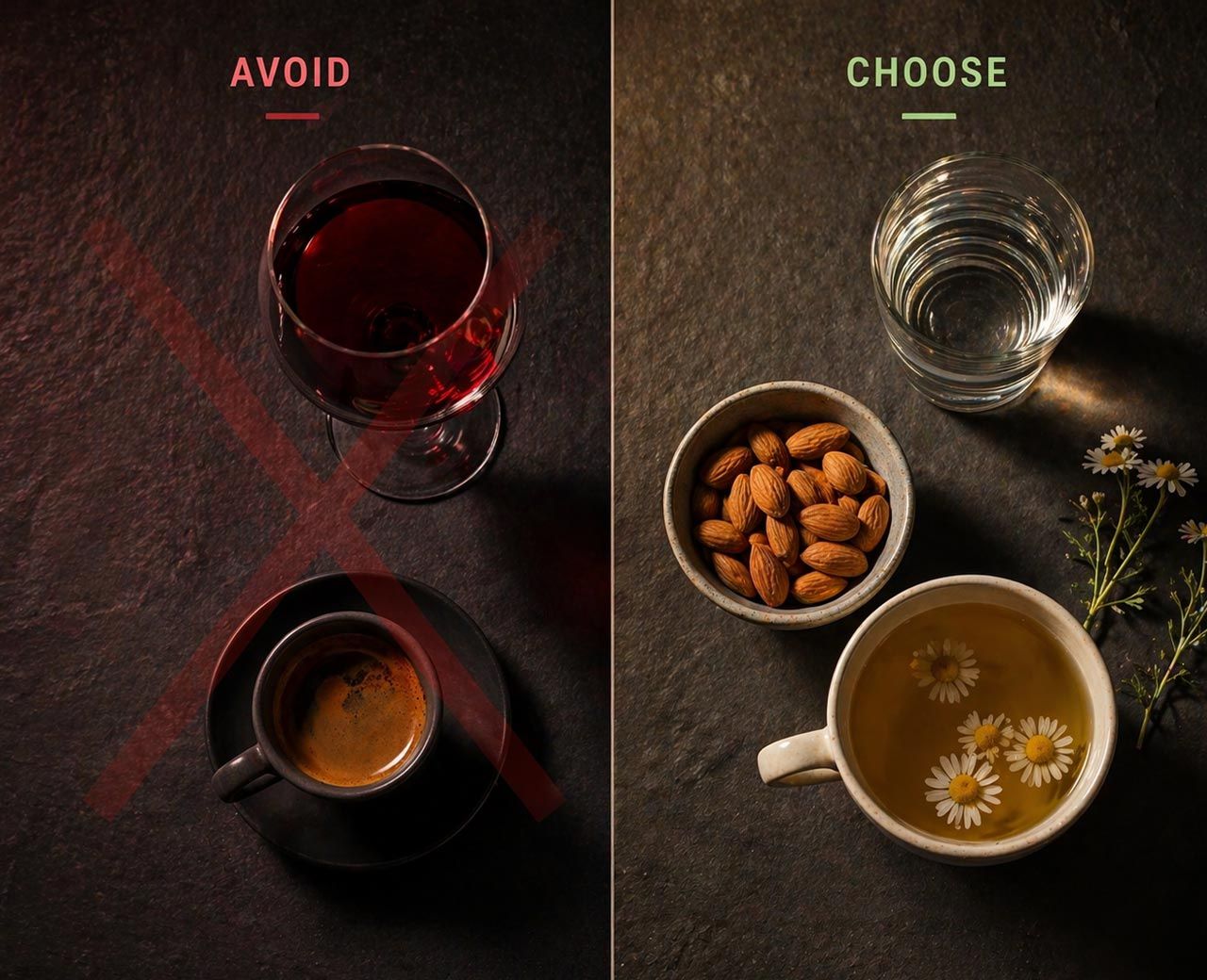 Split flat-lay showing coffee and wine to avoid versus water, almonds and chamomile tea to choose