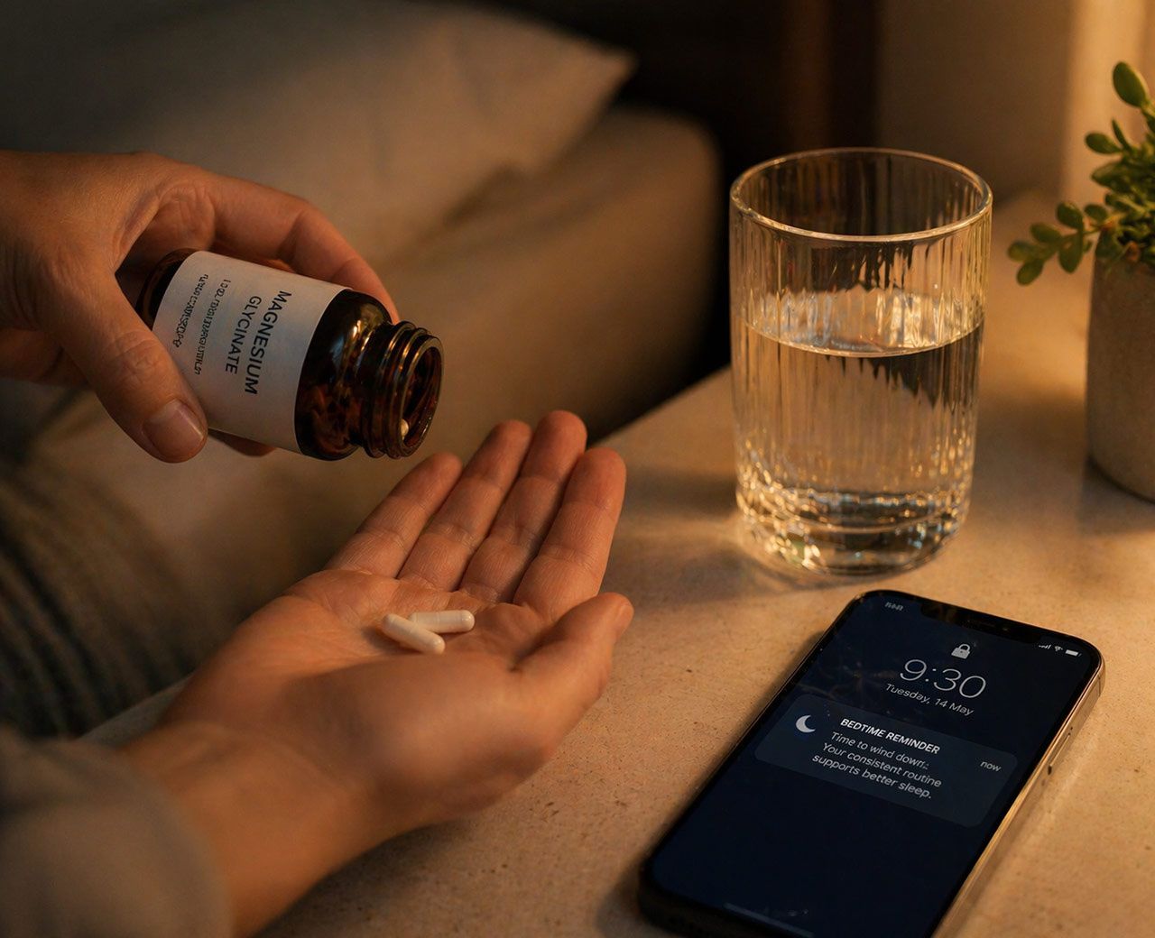 Hand pouring capsules from bottle into palm beside glass of water and bedtime reminder on phone