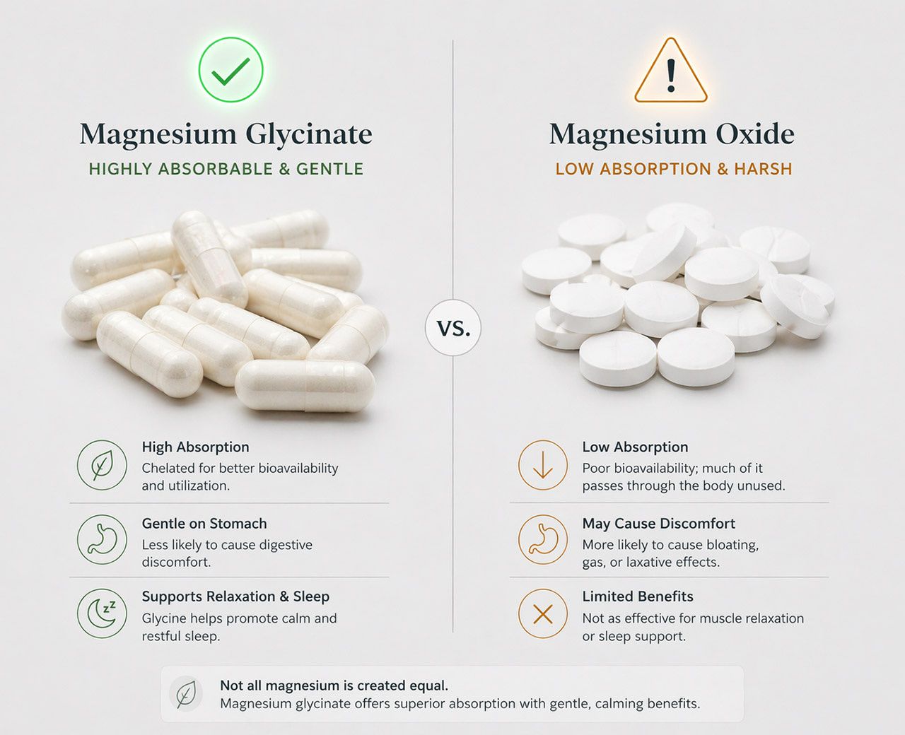 Split graphic comparing magnesium glycinate with checkmark versus magnesium oxide with warning symbol