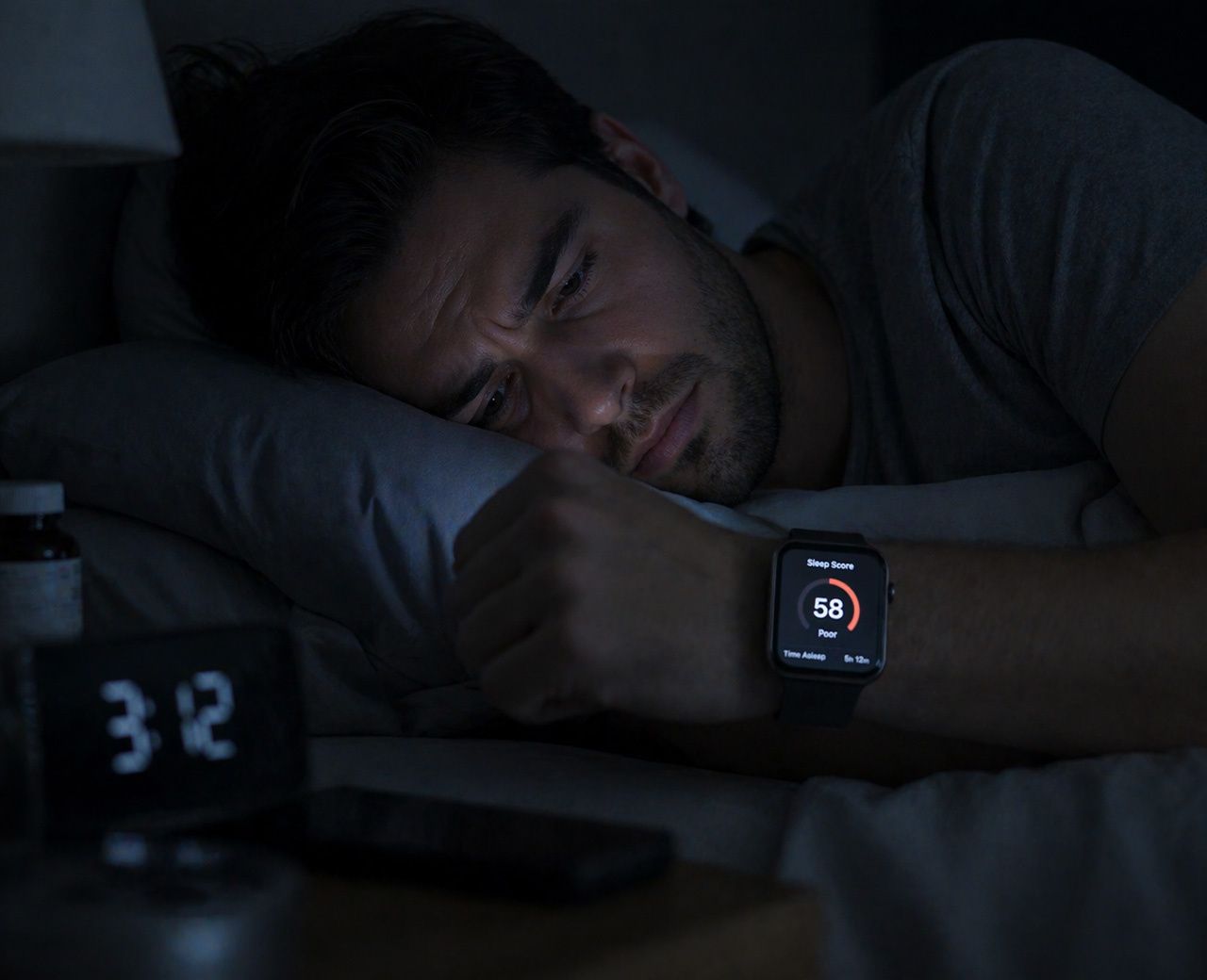 Person lying awake at night checking low sleep score on wrist tracker in dim bedroom