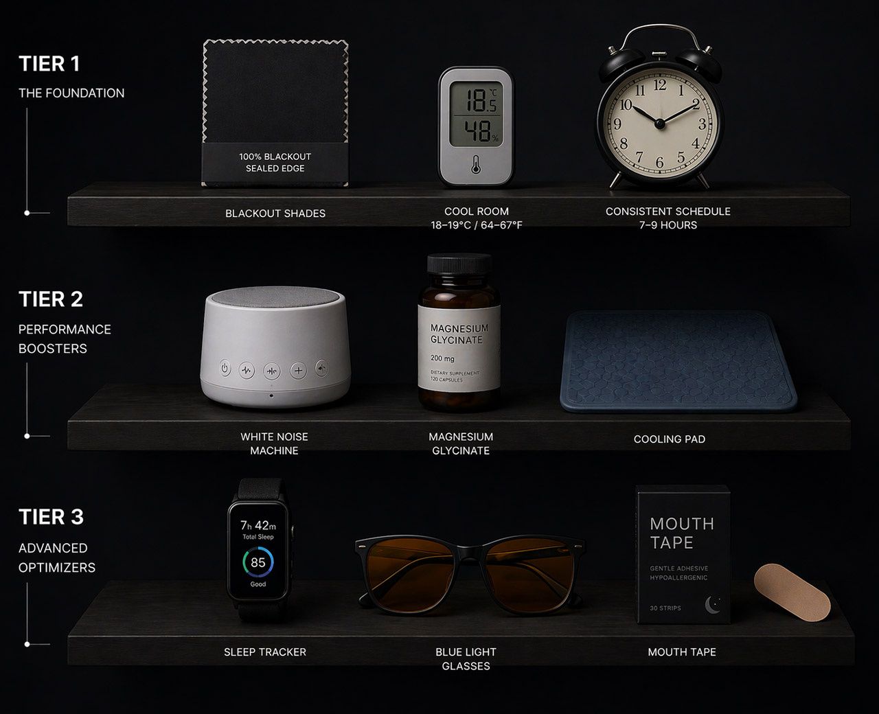 Three-tier sleep setup diagram showing basic, intermediate and advanced sleep products on shelves