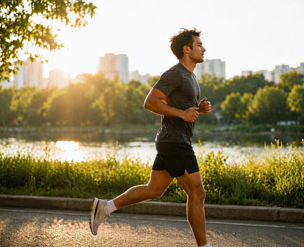 Person jogging outdoors in bright morning sunlight on a tree-lined path