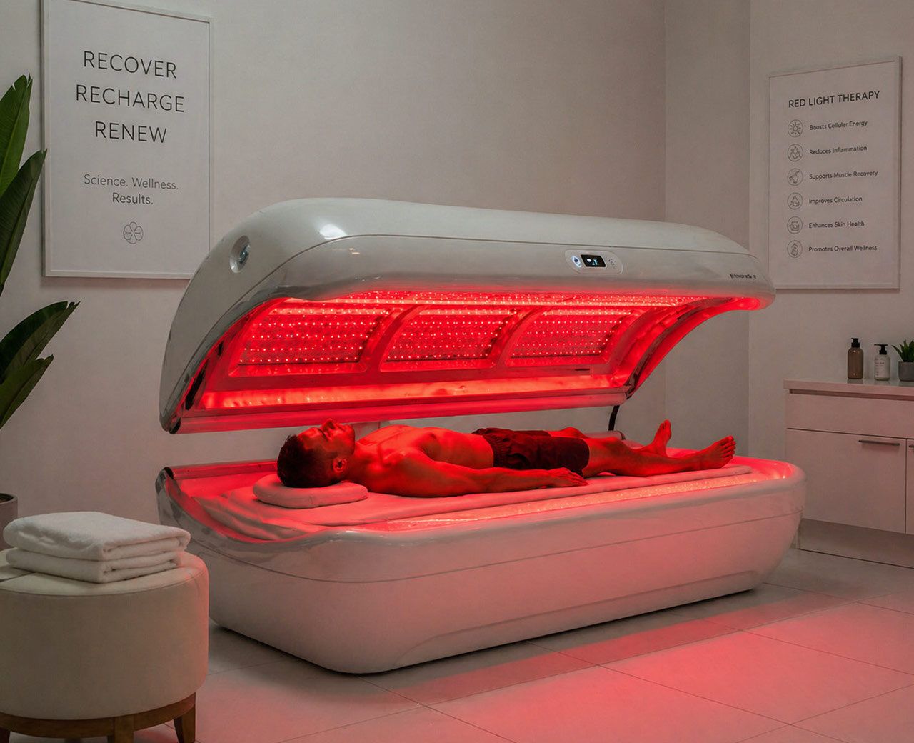 Person lying in red light therapy bed in clinical spa setting with glowing red panels