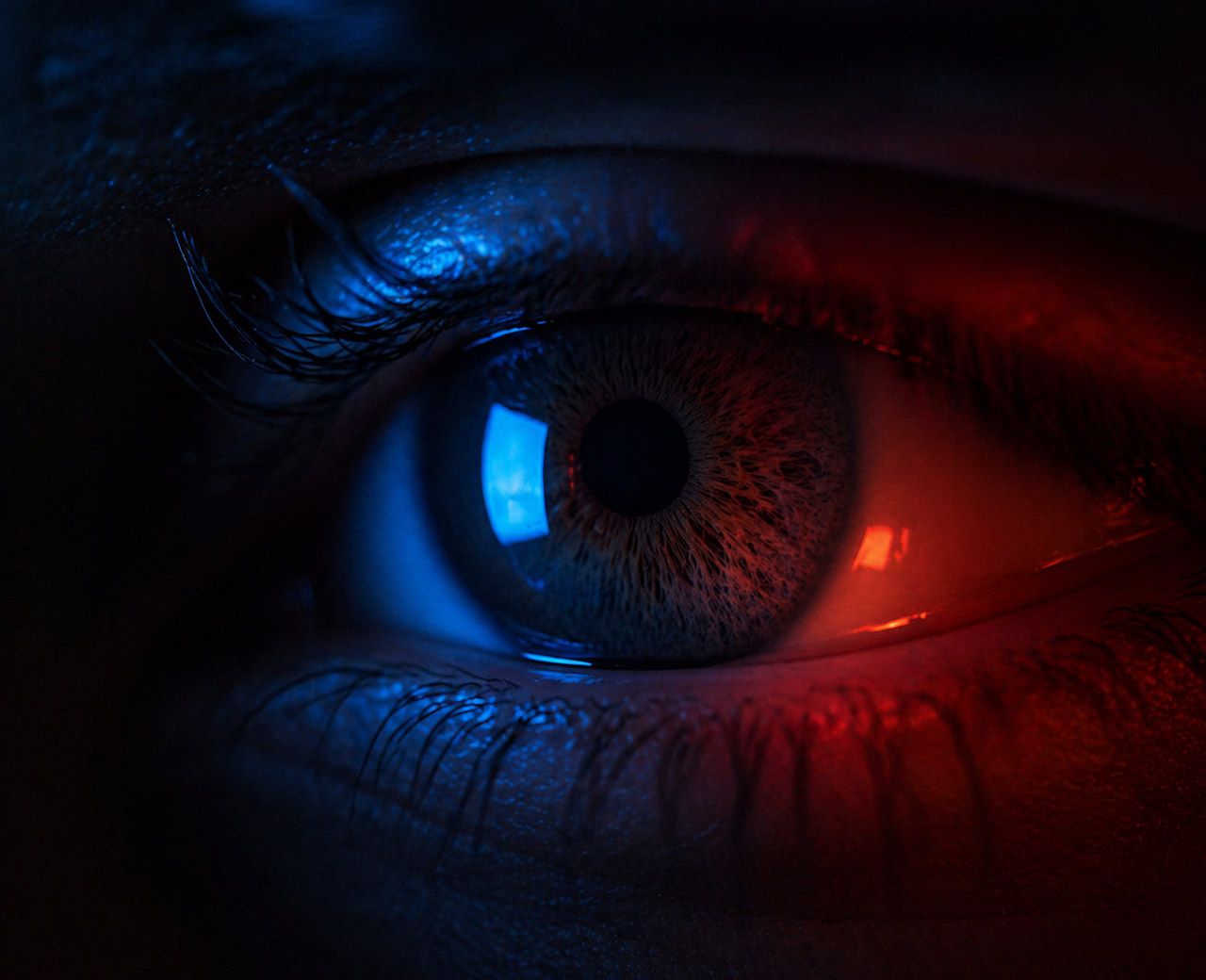 Close-up of human eye lit by contrasting blue and red light showing different light exposure effects