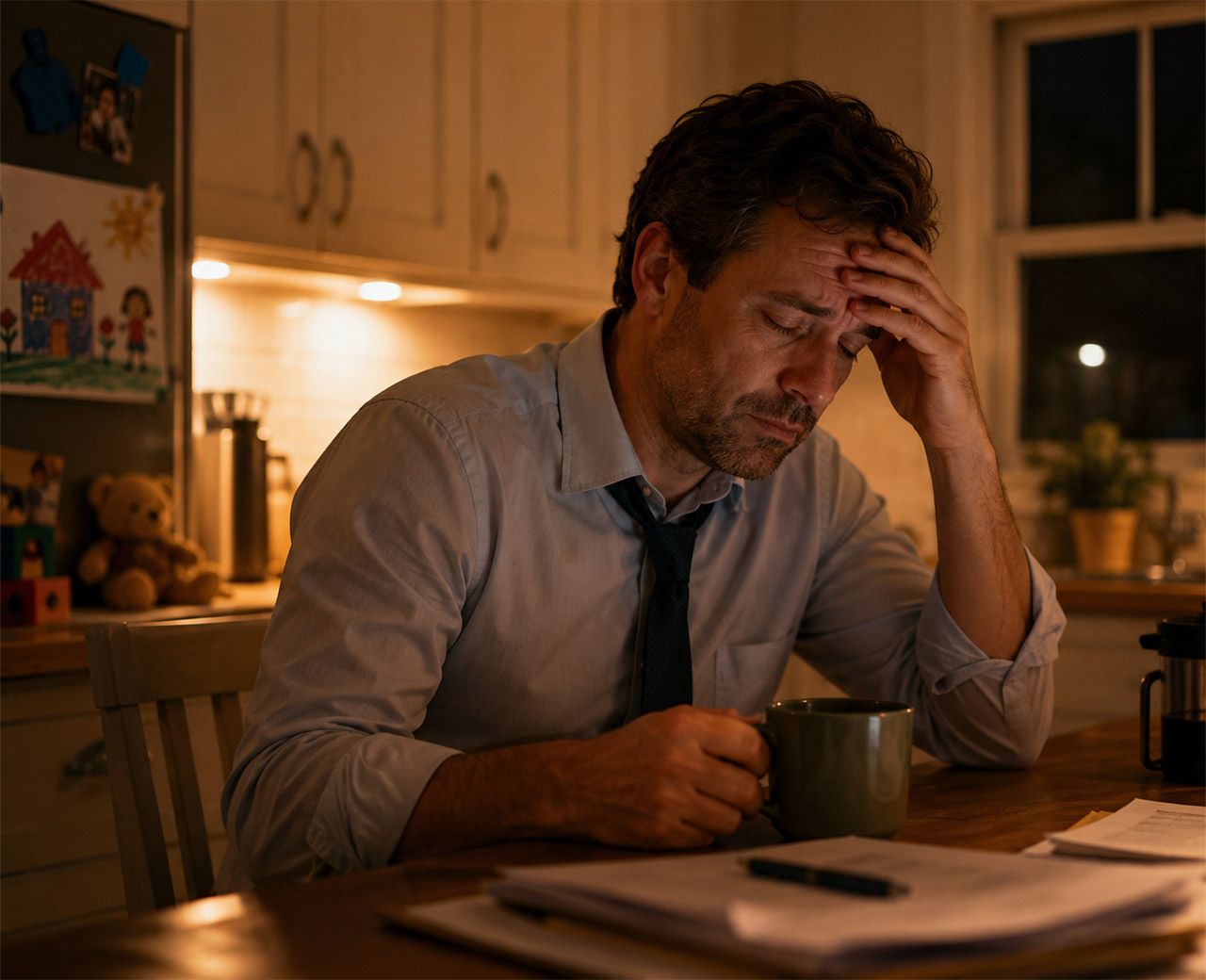 A fatigued dad sitting at the kitchen table with a coffee cup early in the morning before work.