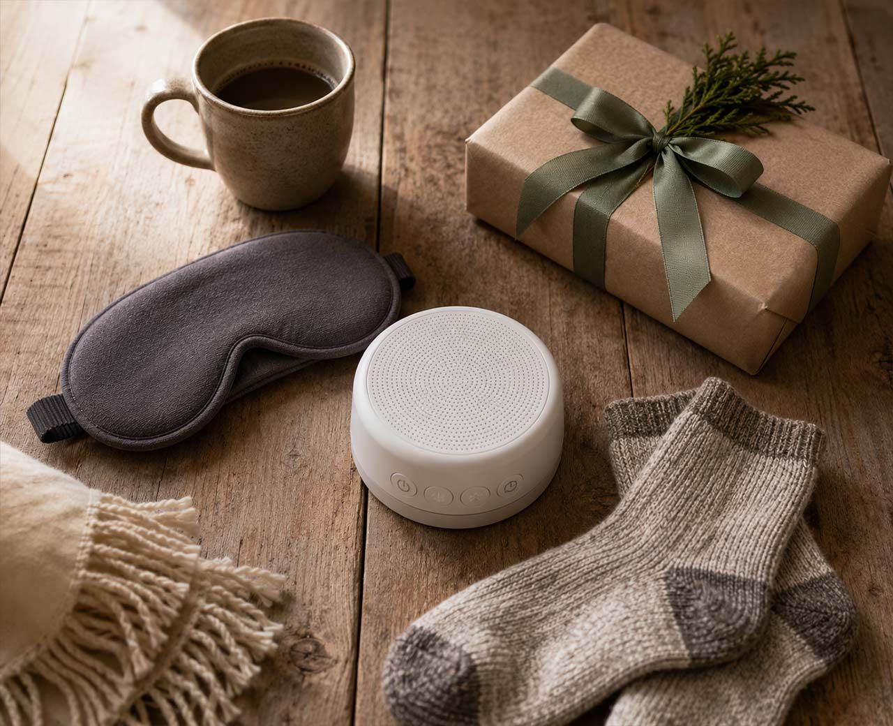 A flat lay of Father's Day sleep gifts including a sleep mask, white noise machine and wrapped box.