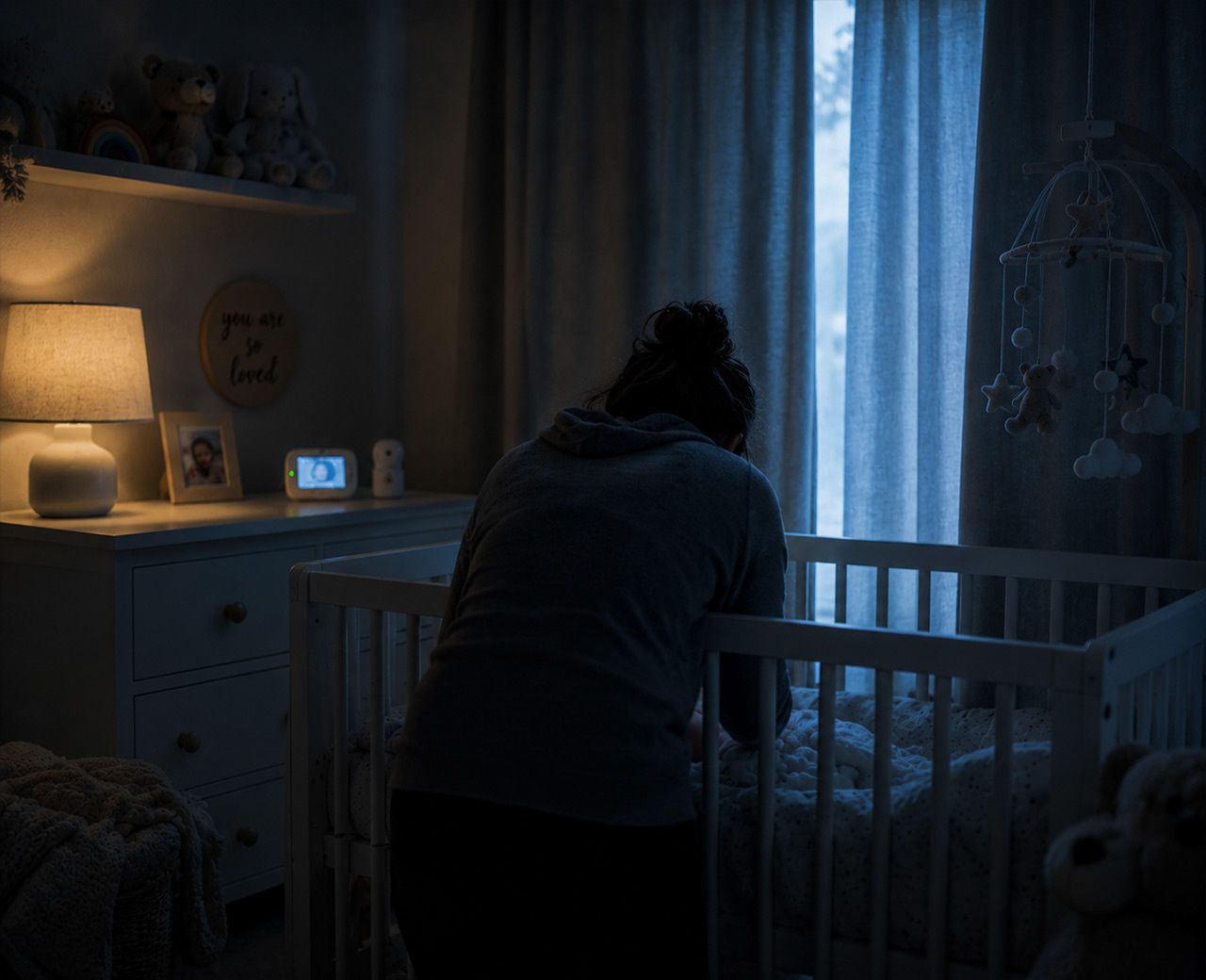 A parent leaning over a white cot from behind in a nursery at early morning.
