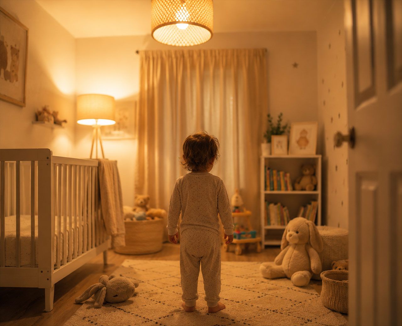  A toddler's silhouette from behind standing in a brightly lit nursery in the early evening.