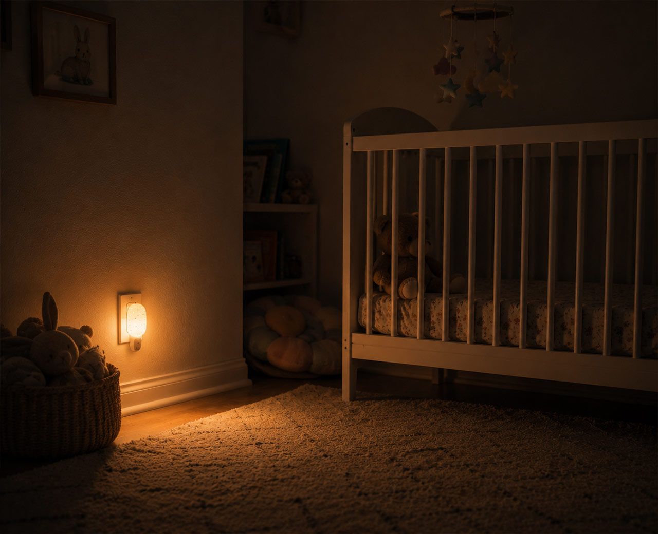 A dark nursery at night with a small amber nightlight glowing beside a white wooden cot.