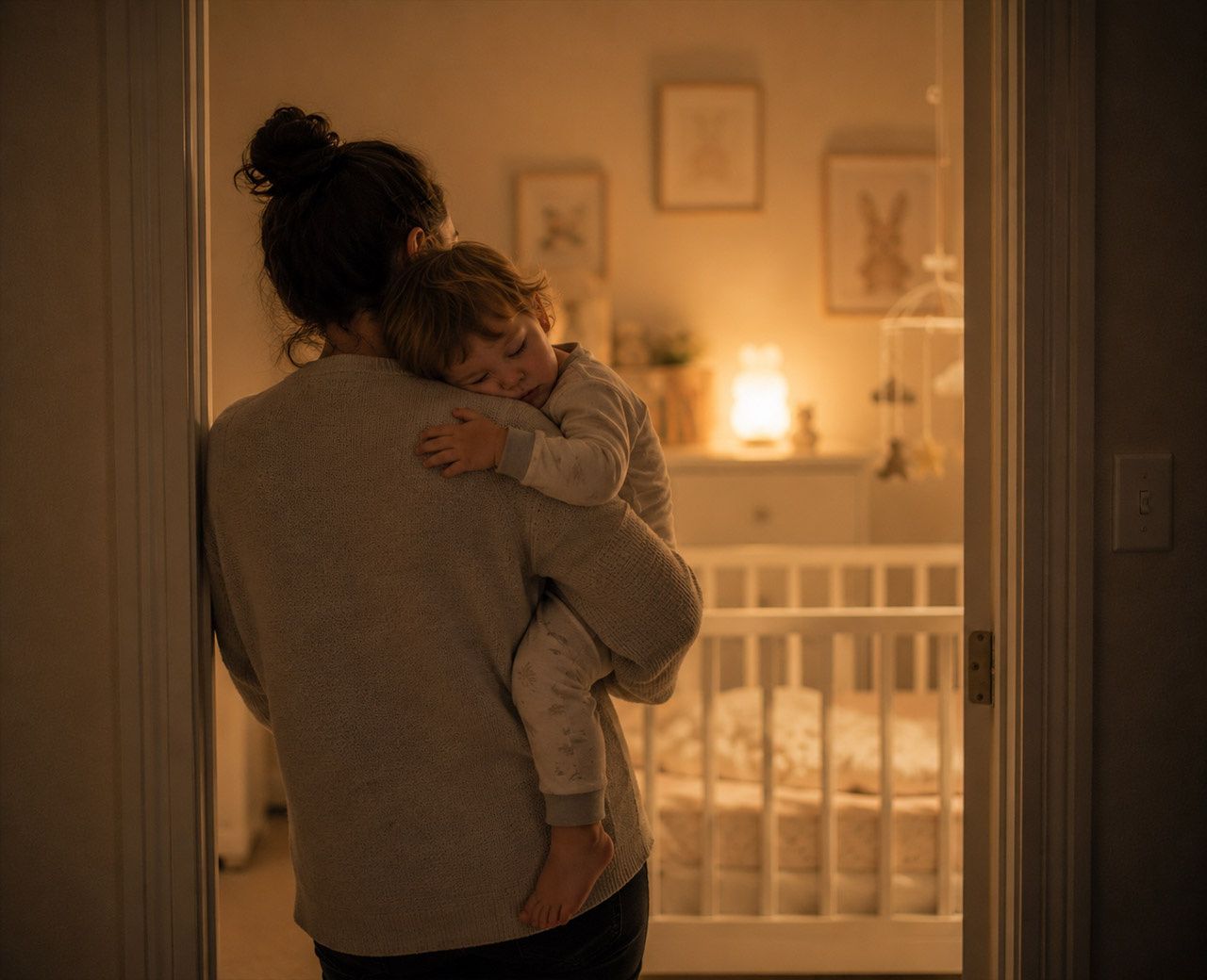 A parent carrying a sleepy toddler from behind toward a nursery doorway with a glowing cot inside.