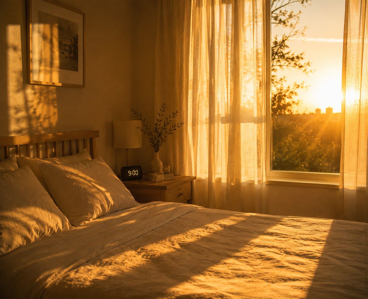 Warm golden summer evening light streaming through sheer bedroom curtains at 9pm.