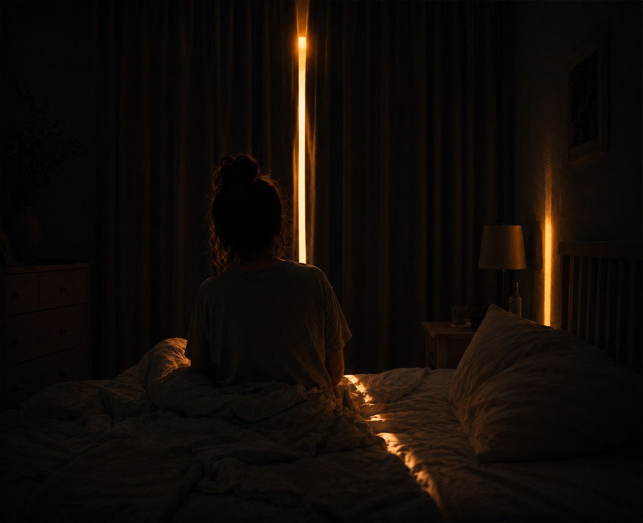 A person sitting up in a dark bedroom at night with a strip of streetlight cutting through a gap in the curtains.
