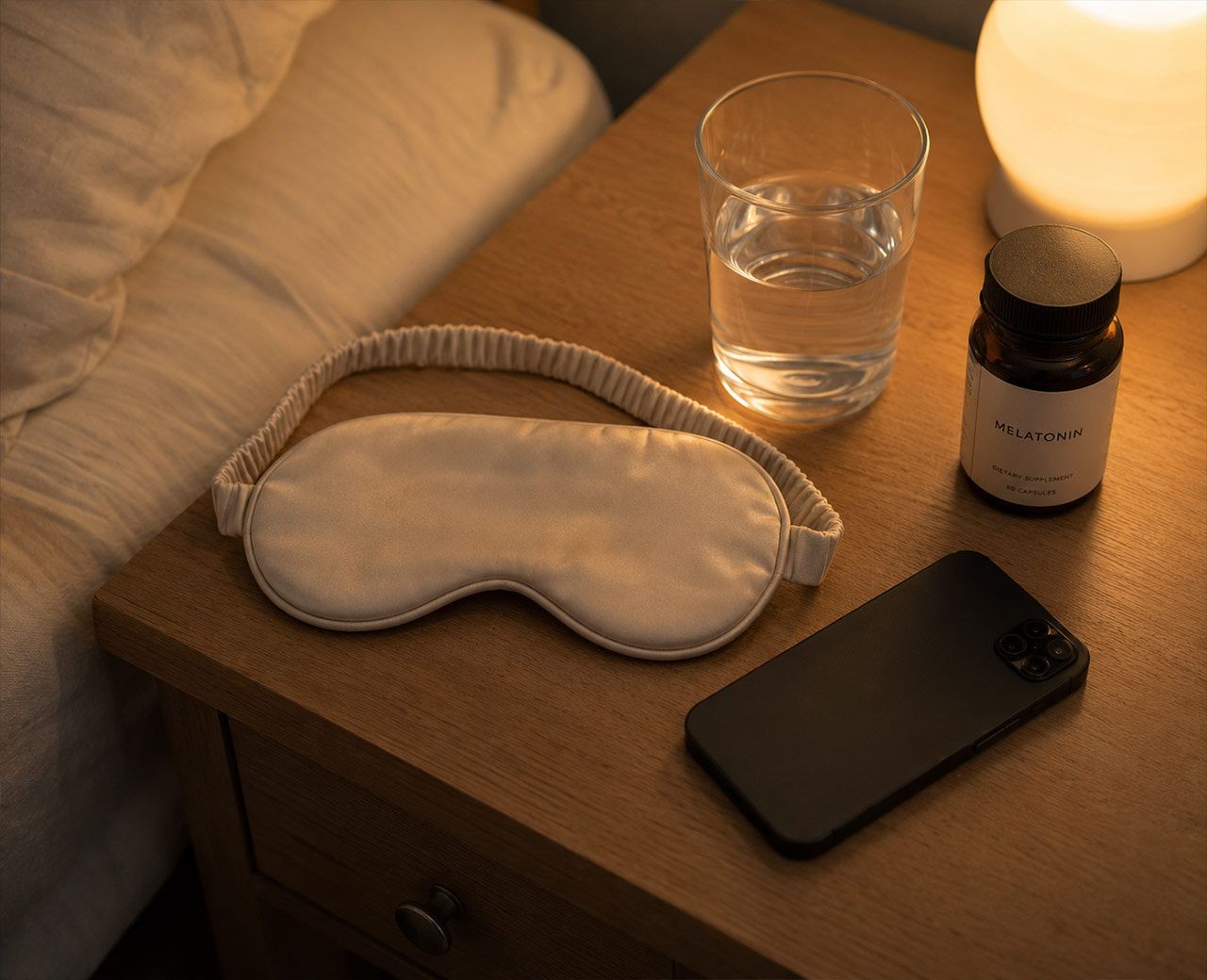 A flat lay of sleep accessories including an eye mask, phone and supplement bottle on a bedside table.