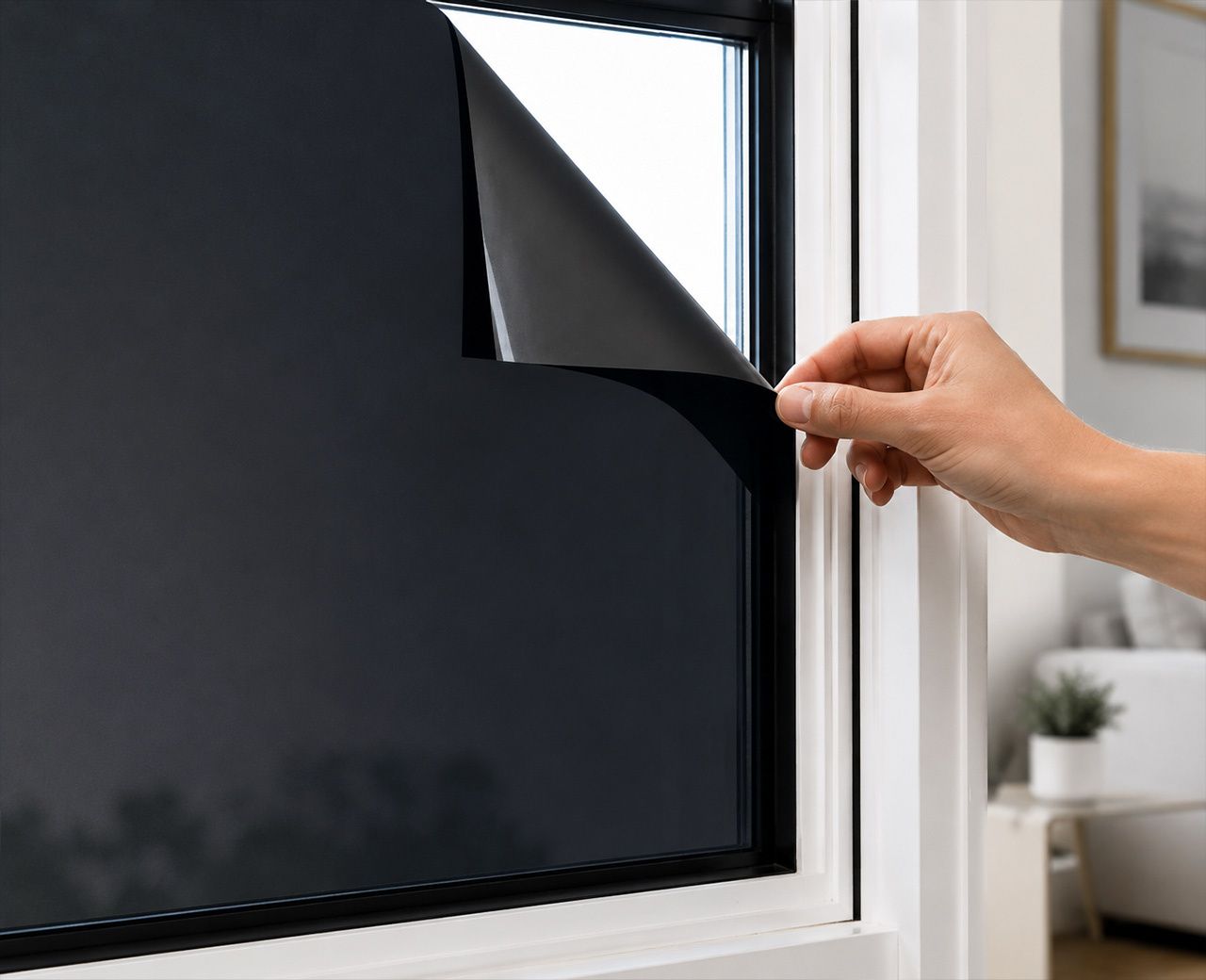 A hand peeling back the corner of blackout window film on a bright window.