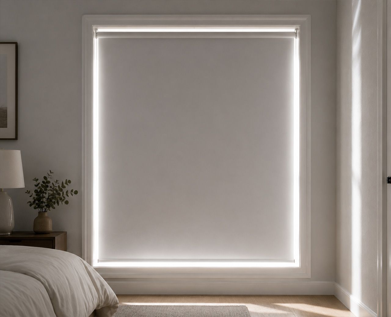 A white roller blind pulled down with sunlight visibly leaking around the side edges and bottom.