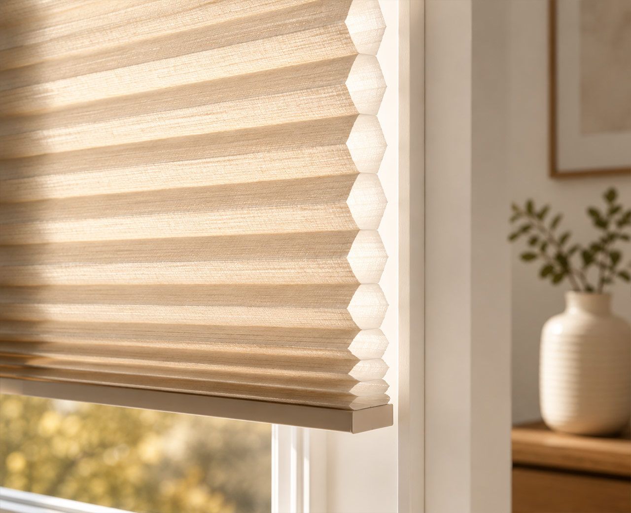 Warm afternoon light filtering through the honeycomb cells of a cellular shade on a window.