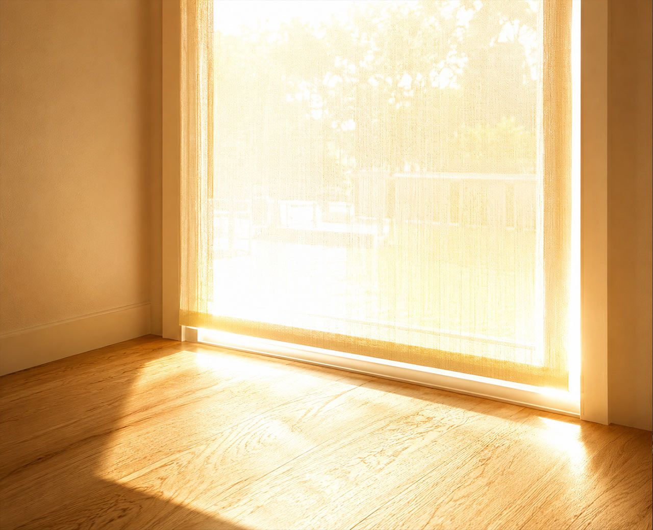 Intense summer sunlight streaming through a large window casting a bright light patch on a timber floor.