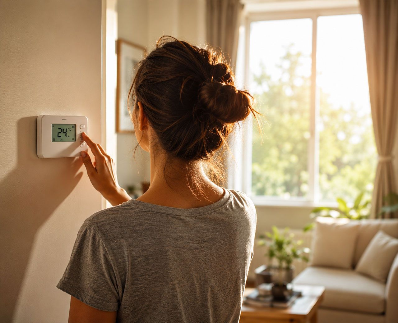 A person adjusting a thermostat on the wall with a bright sunny window visible in the background.