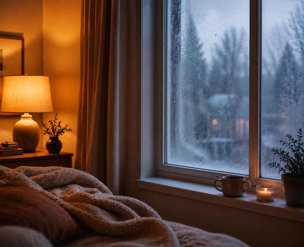 A cozy warmly lit room in winter with condensation on the window and cold grey light visible outside.