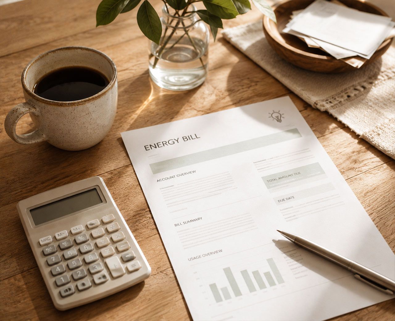 A flat lay of a household energy bill with a pen and calculator on a kitchen table.