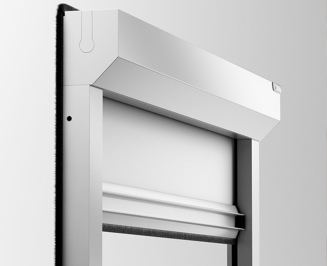 A close up of the UBlockout sealed aluminum side track and headbox system showing the brush seal and frame construction that eliminates light and air gaps.