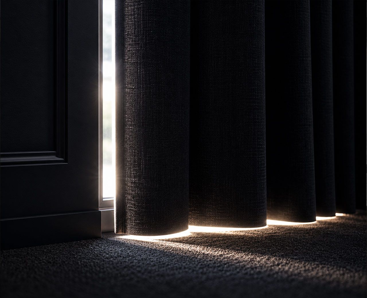 Bright daylight leaking through the side and bottom gaps of a dark curtain in a home theater room.