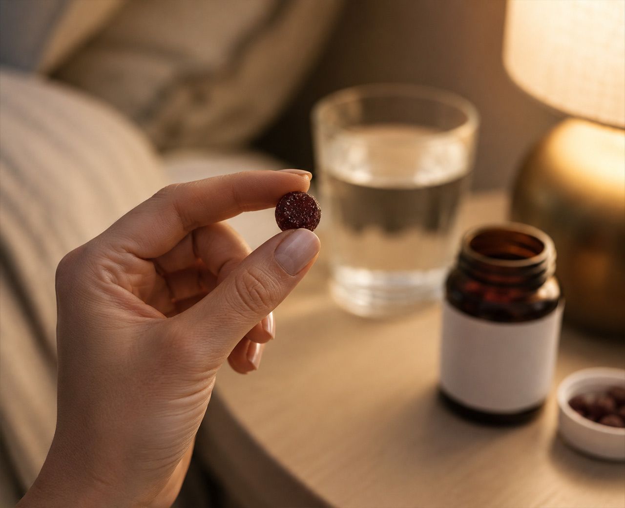 A hand holding a melatonin supplement capsule with a glass of water and supplement bottle on a bedside table.