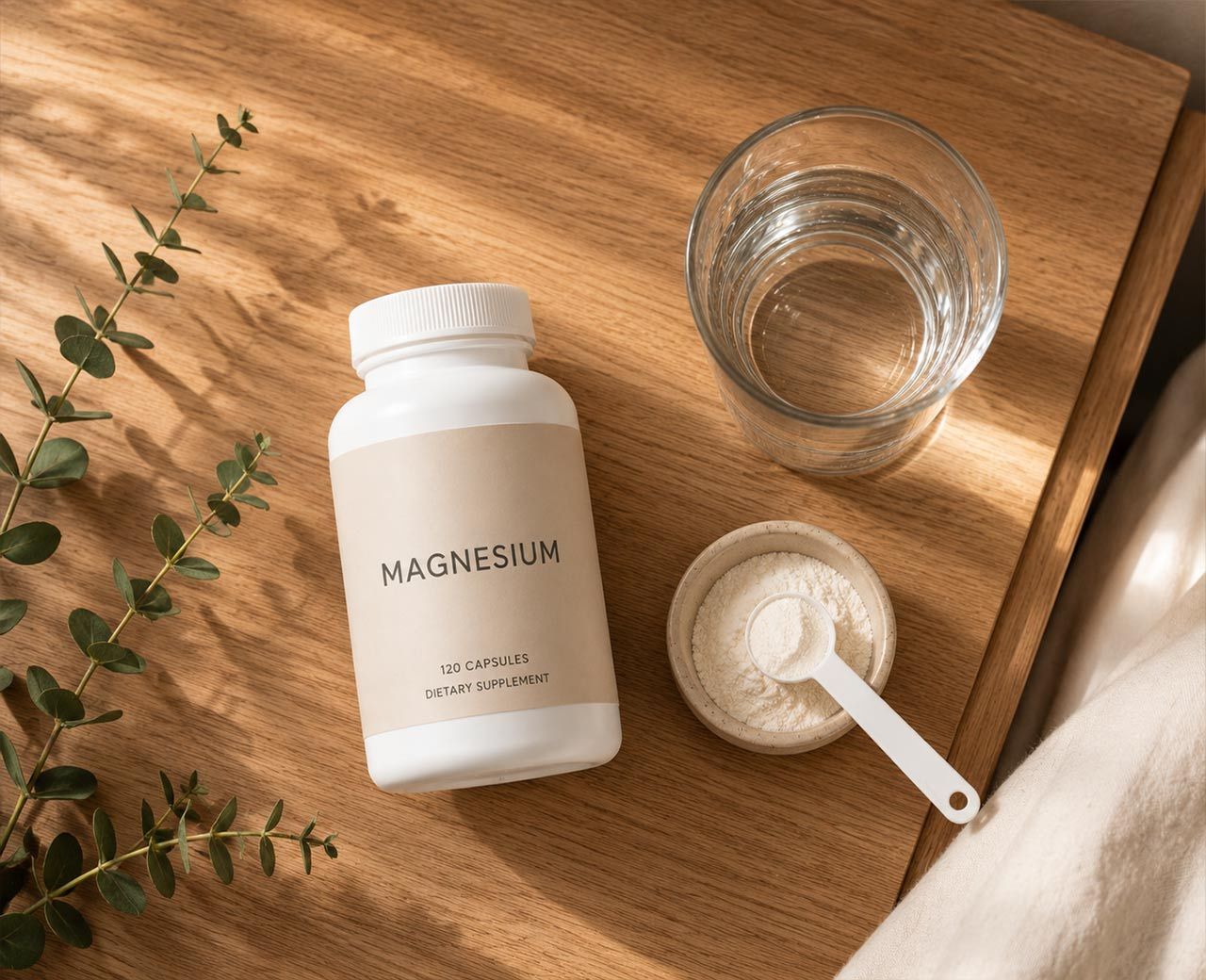 A flat lay of a magnesium supplement bottle and powder scoop on a timber bedside table.