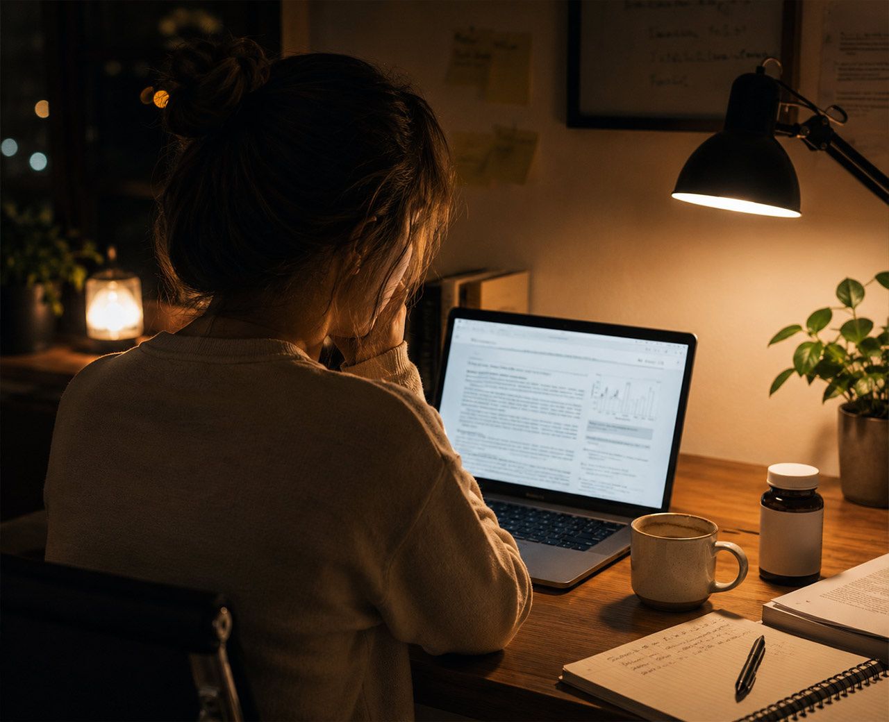 A person sitting at a desk late at night researching sleep supplements on a laptop with a supplement bottle nearby.