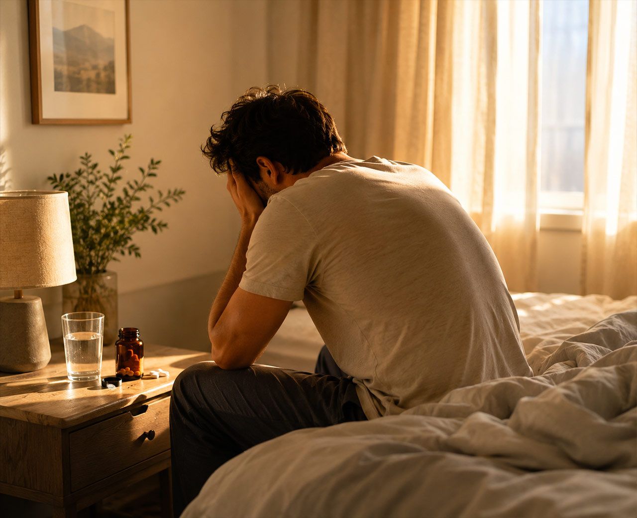 A person sitting on the edge of the bed in the morning with a supplement bottle and glass of water on the nightstand.
