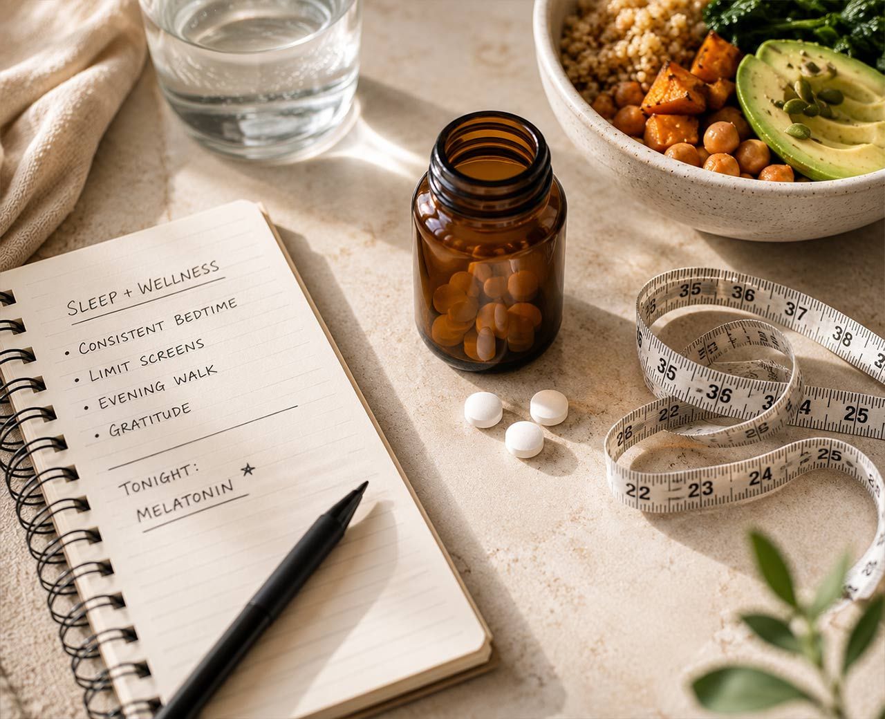 A melatonin supplement bottle beside a measuring tape and handwritten notes on a kitchen bench.