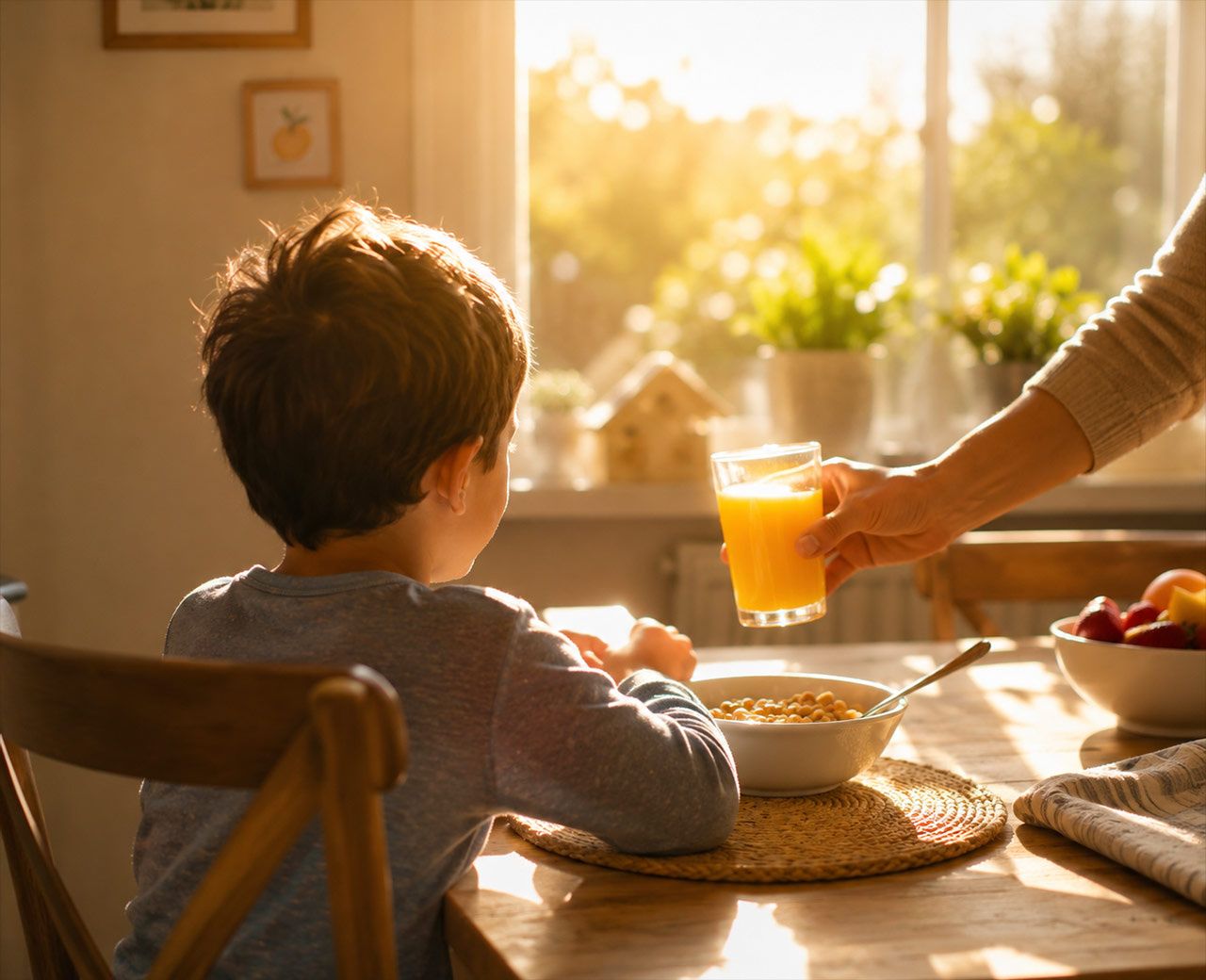 A child sitting at a bright sunny breakfast table in the morning with golden light streaming through the kitchen window.