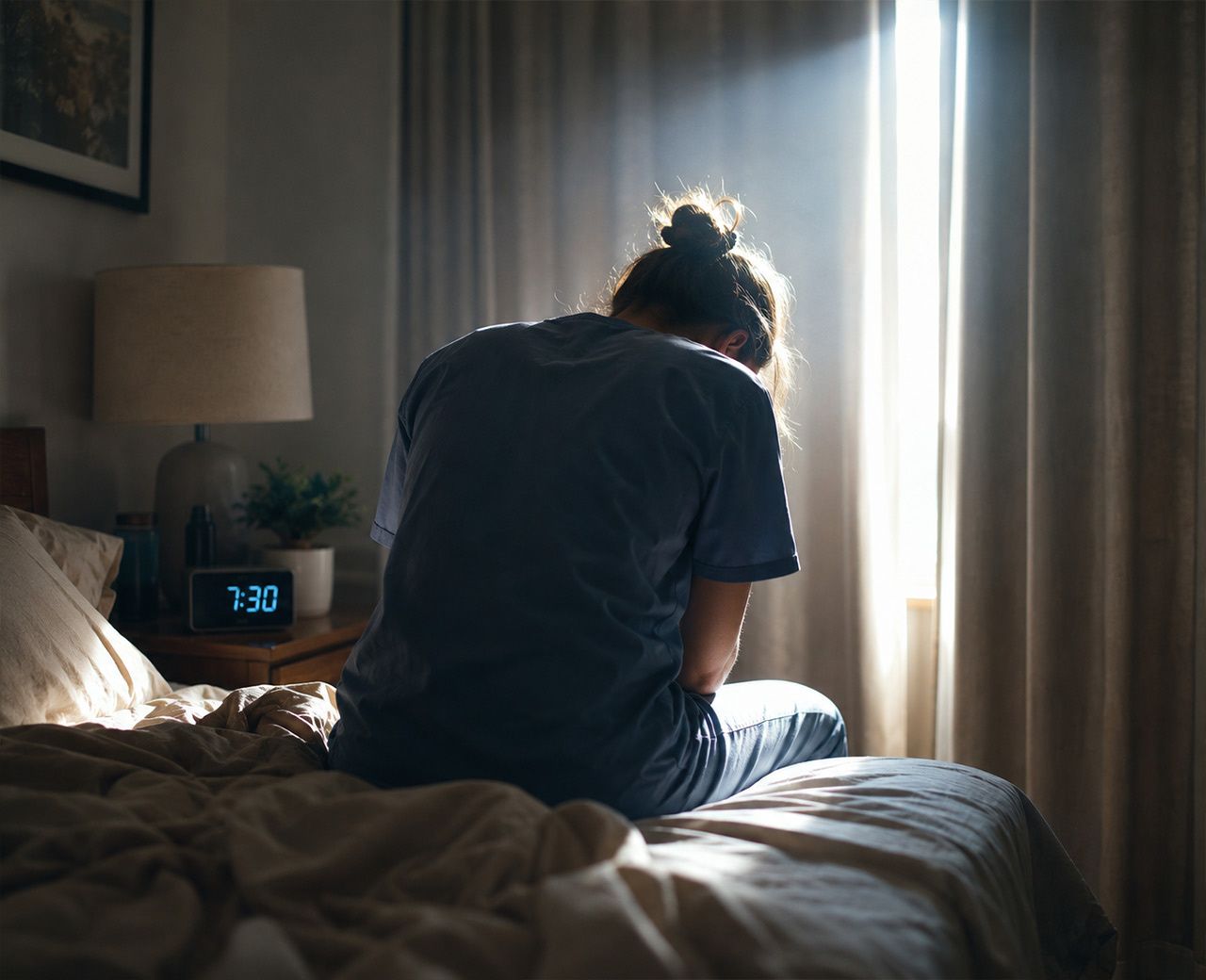 An exhausted shift worker in scrubs sitting on the edge of a bed at 7:30am with daylight leaking through the curtains behind them.