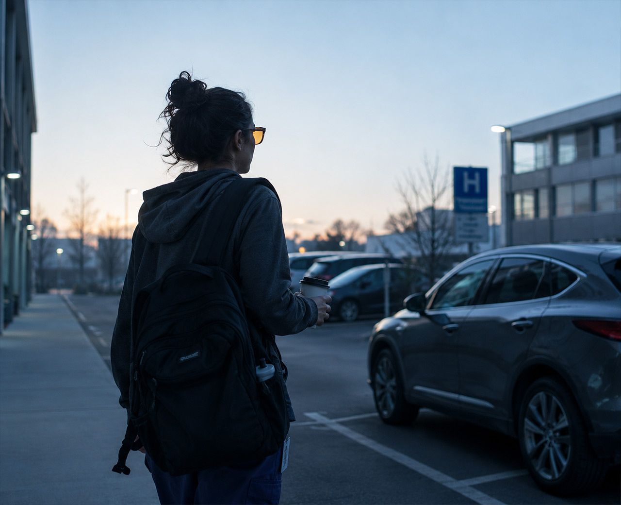 A shift worker from behind wearing blue-light-blocking glasses walking to their car in a hospital car park after a night shift.