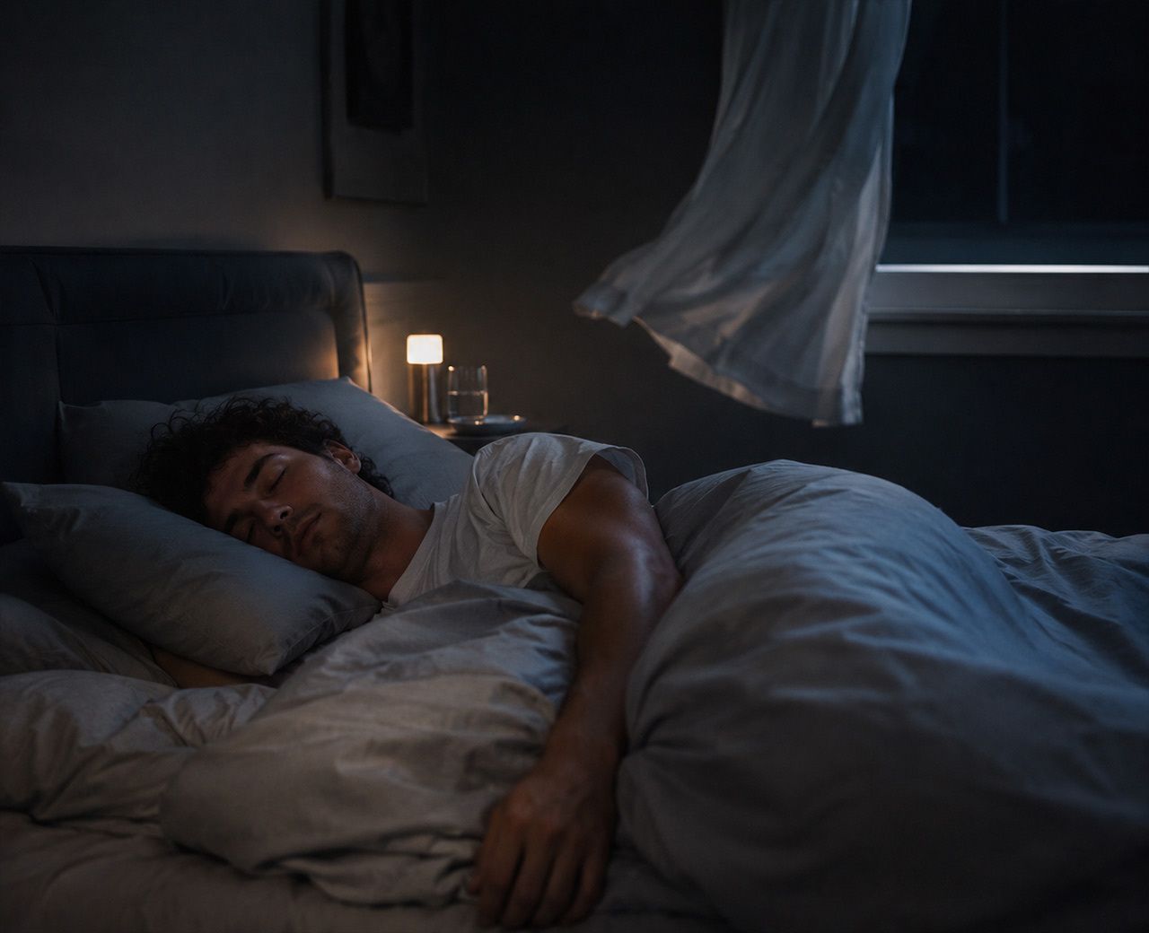 Person sleeping comfortably in a cool dark bedroom with light cotton sheets and one arm resting outside the duvet