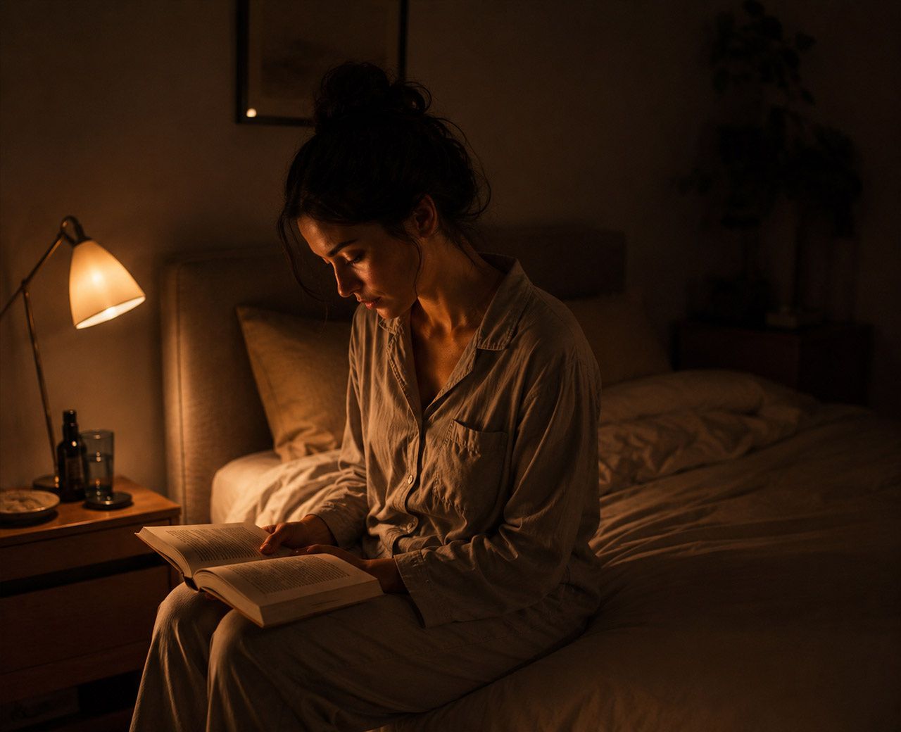 Person lying on their back in a dark bedroom with eyes closed and hand on chest, practising a relaxation technique to fall asleep