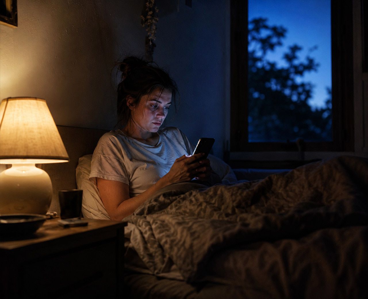 Person sitting up in bed late at night with a lamp on and faint summer light still visible through the window behind them