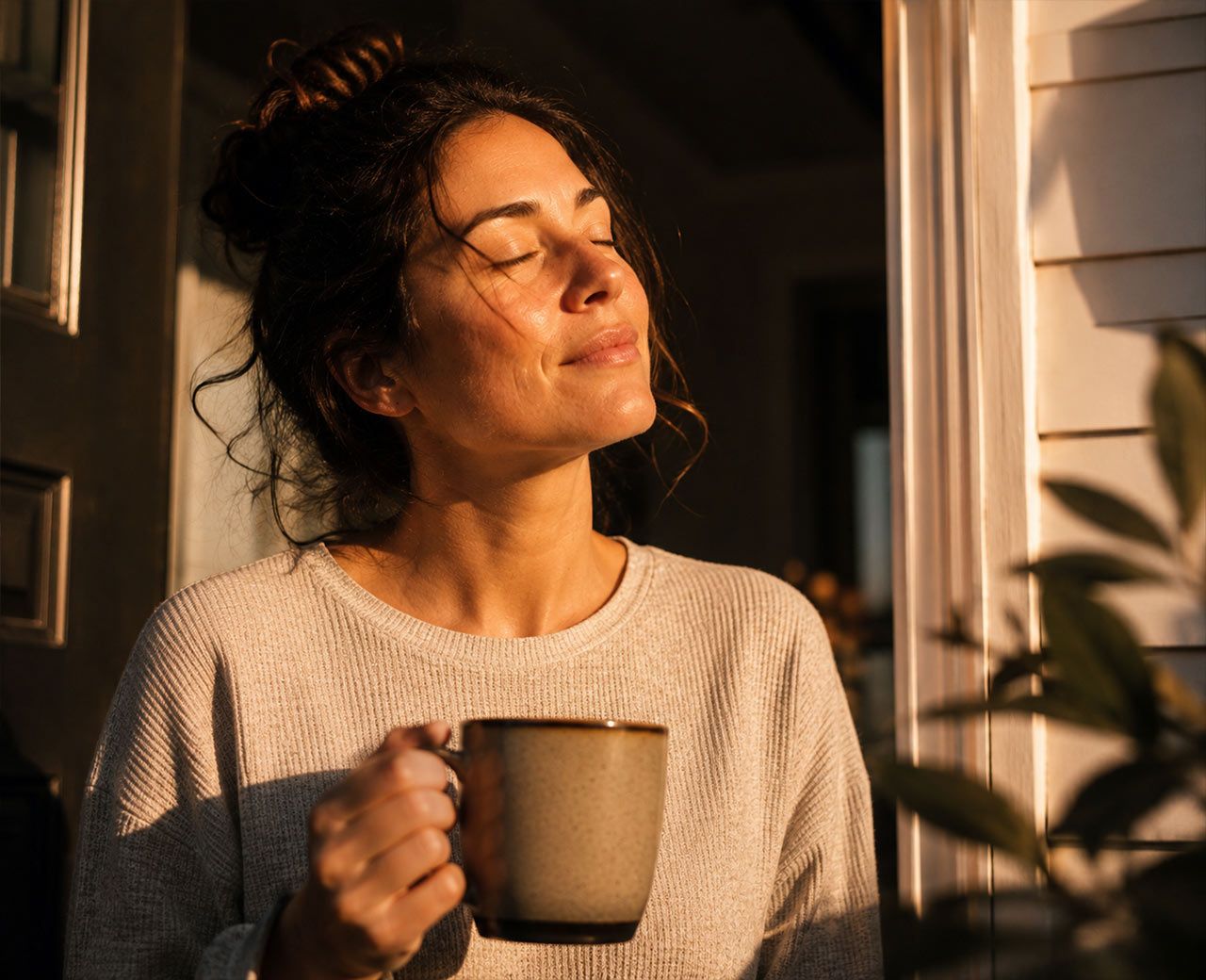 Person stepping outside in the early morning with warm sunlight on their face and a coffee in hand