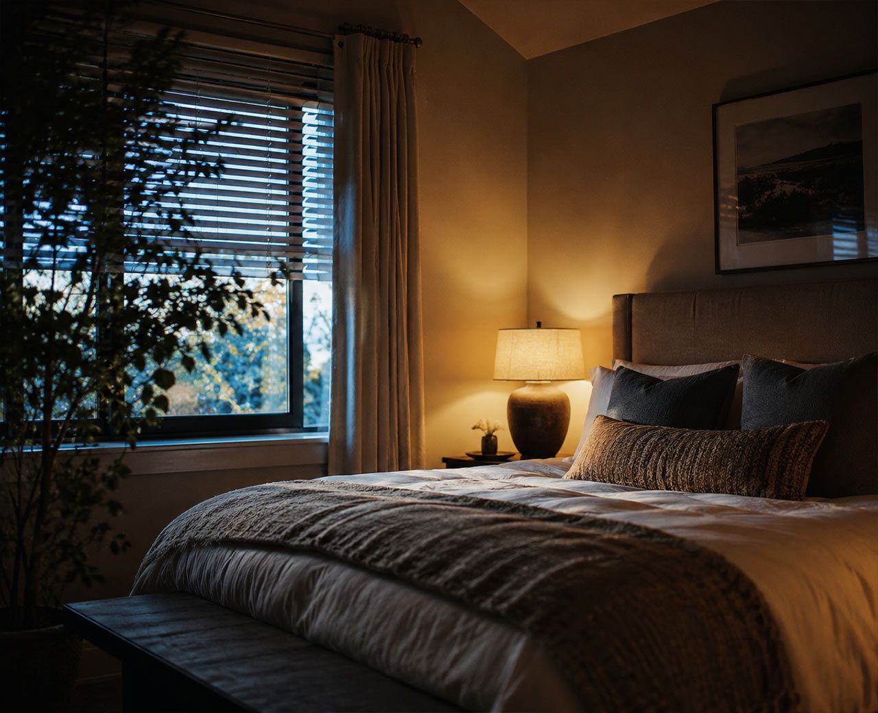  Bedroom in the early evening with warm table lamps on and blinds drawn against bright summer daylight outside