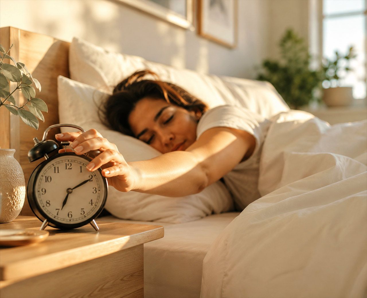 Person waking to an alarm on a bright morning, reaching over to turn it off with eyes barely open