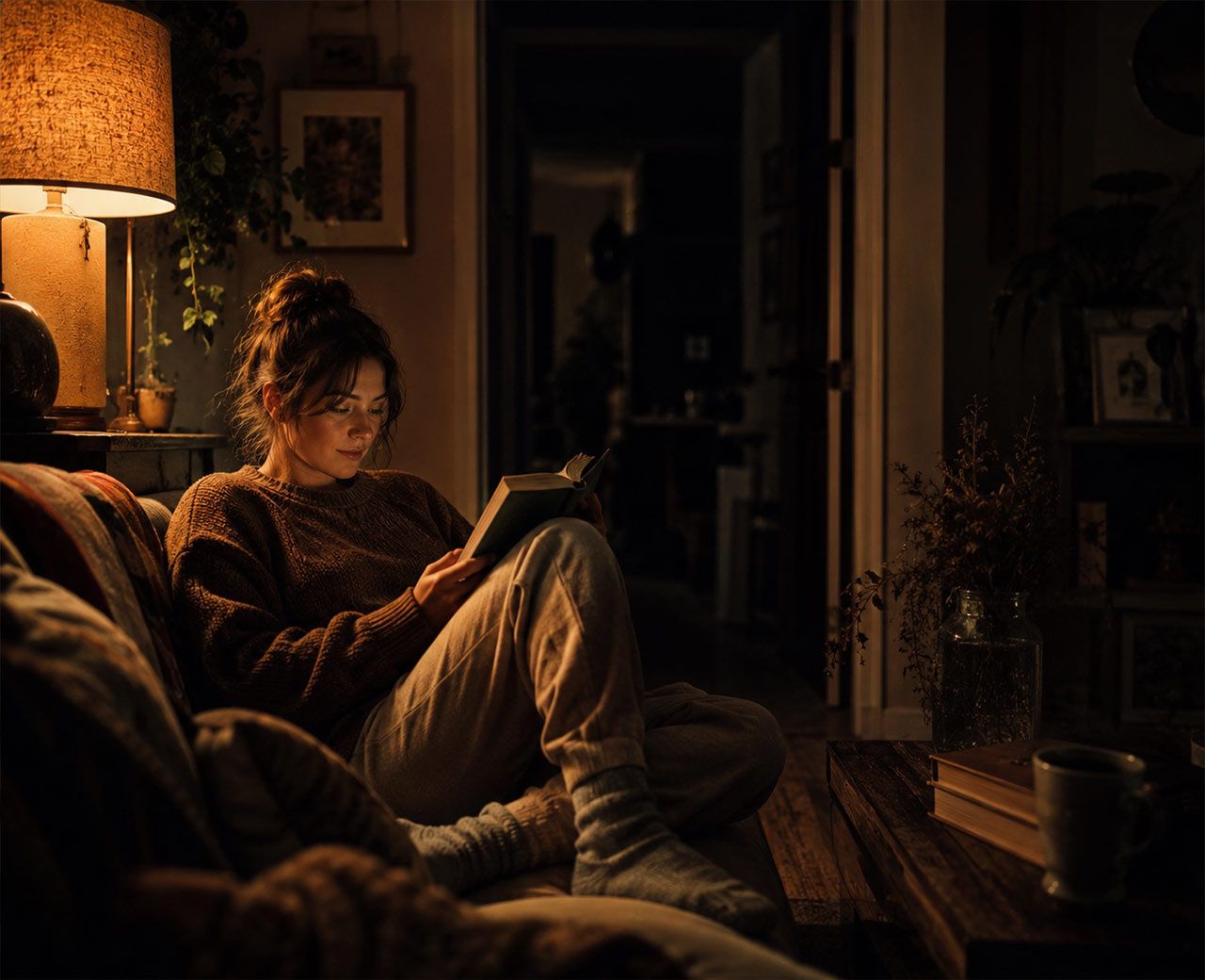 Person reading a book under a single warm lamp in a dimly lit living room as part of an evening wind-down routine