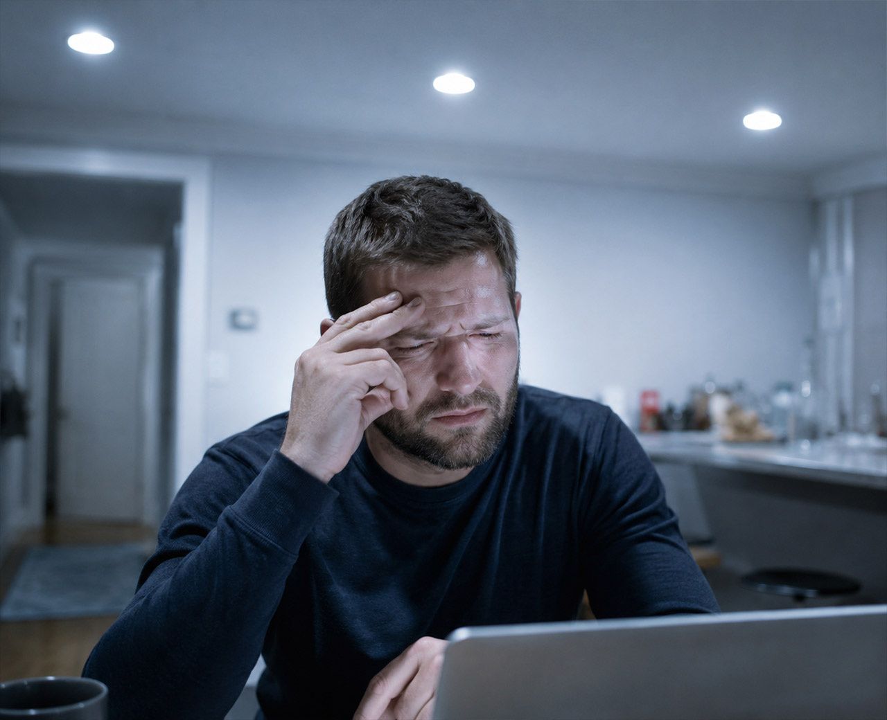 Person sitting under harsh cool-white LED overhead lighting in a home office, squinting in discomfort