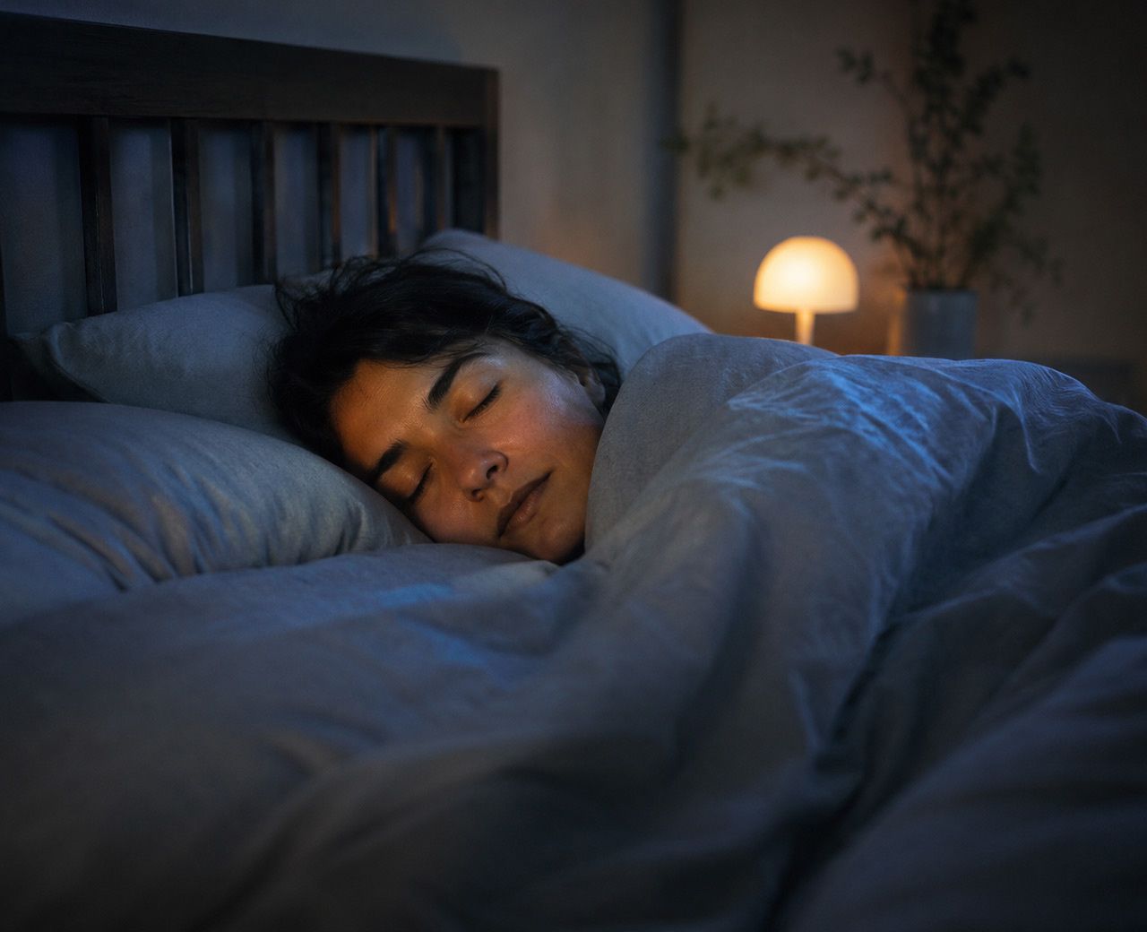 Person sleeping deeply and comfortably under a duvet in a cool, dark bedroom