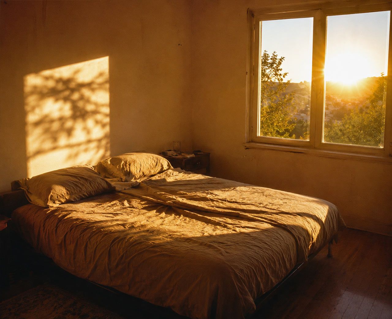 Late afternoon sunlight streaming through uncovered bedroom windows casting harsh warm light across the bed and floor