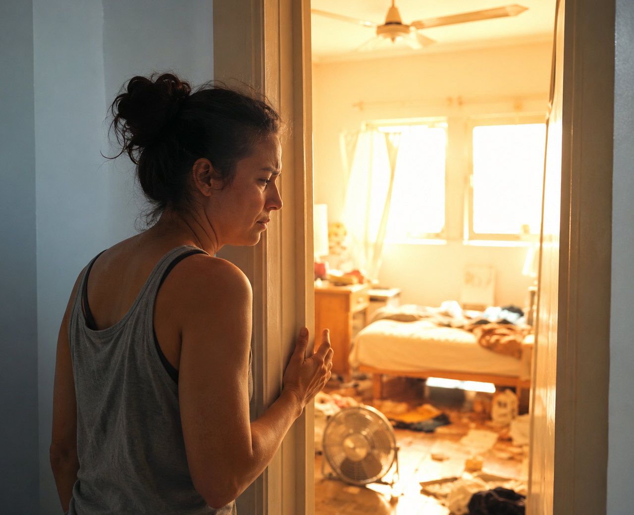 Person standing in a doorway looking into a hot bright room with harsh sunlight coming through uncovered windows