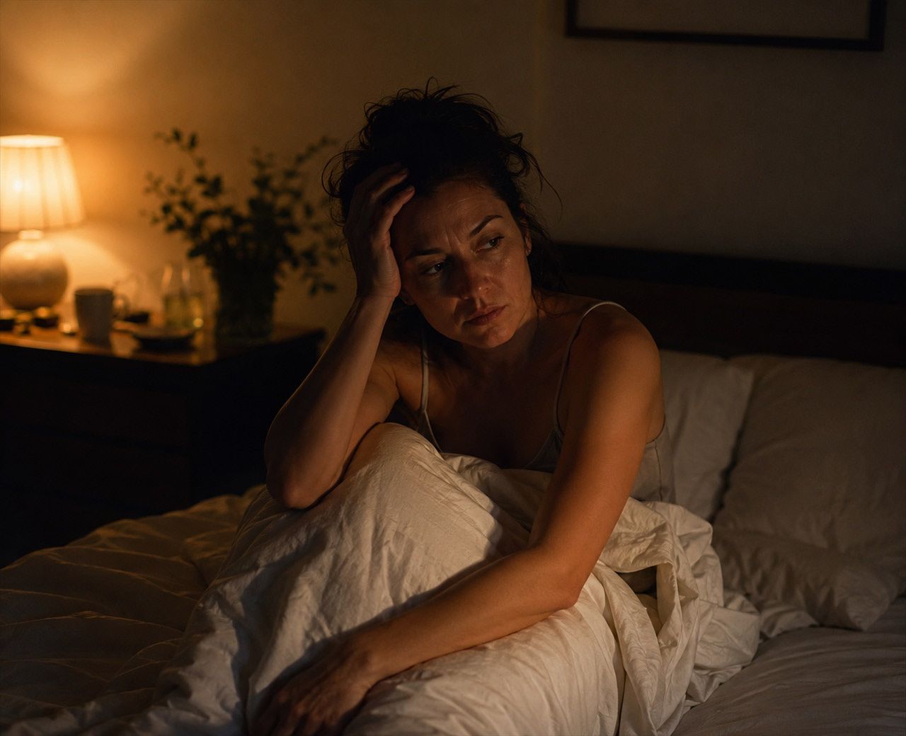 Person sitting up in bed late at night wide awake with a frustrated tired expression in a dimly lit bedroom