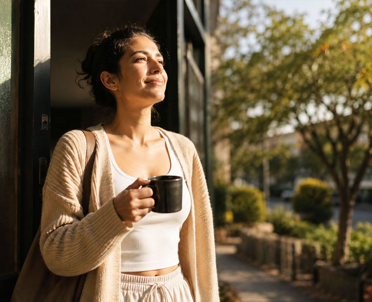 Person stepping outside in the early morning with coffee in hand, face turned upward into bright natural sunlight
